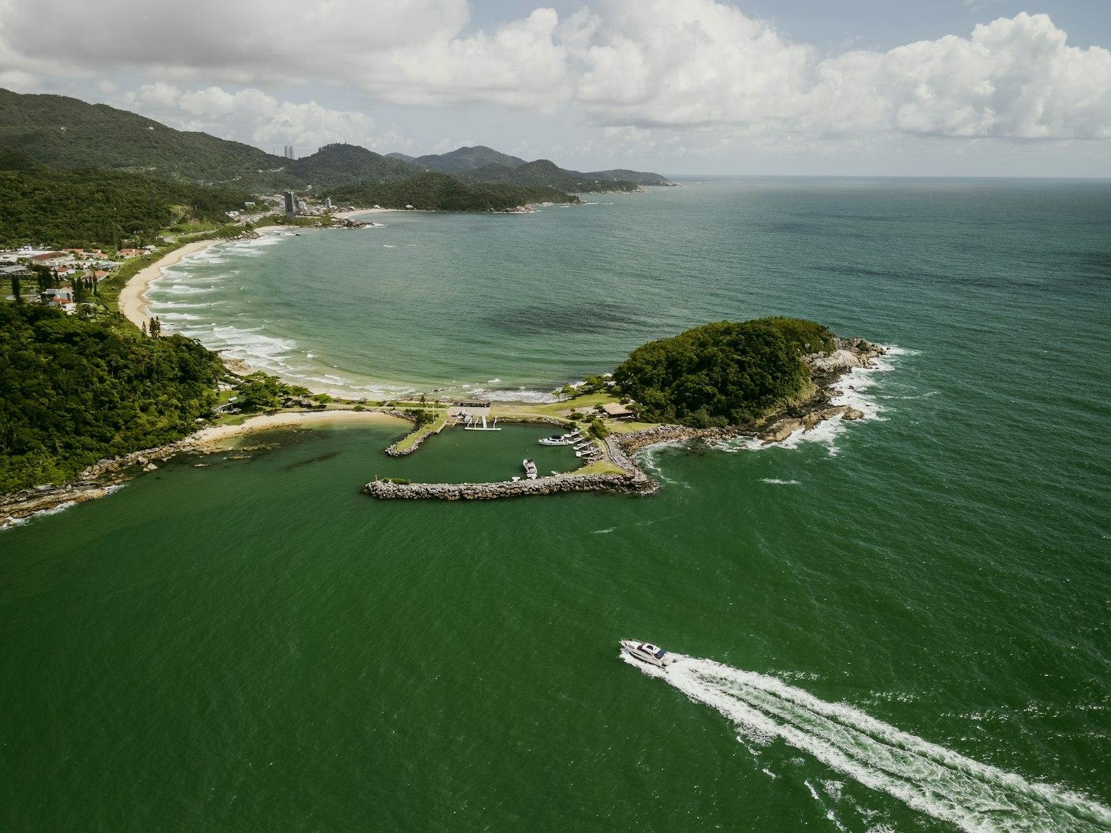 An aerial view of a Blue Flag beach and marina in Santa Catarina, Brazil